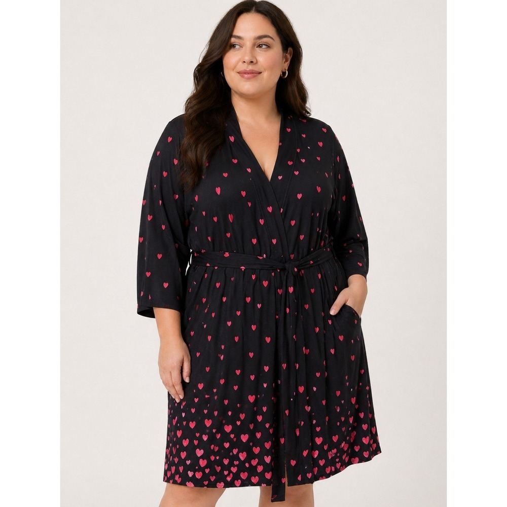 Soma Cool Nights Robe XXL Black Red Heart Print Short Wrap Belted Pockets